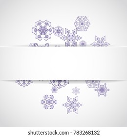 Xmas sales with ultraviolet snowflakes.  Winter border for flyer, gift card, invitation, business offer and ad. Christmas white background. Paper banner for xmas sales. New Year frosty backdrop