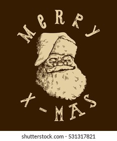 x-mas Santa Claus lettering label. chocolate  Christmas card. Santa's face drawing.