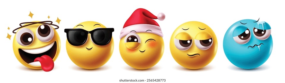 Xmas santa emoji vector characters set. Emojis santa claus winking face wearing hat costume with drooling, cool, cute, sad and cold facial expressions clipart design elements. Vector illustration 3d  