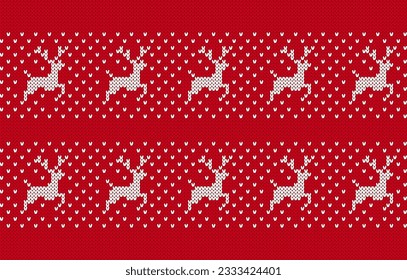 Xmas seamless background with deer. Knit christmas pattern. Knitted sweater print. Festive traditional ornament. Holiday winter red texture. Wool scandinavian pullover. Vector illustration.