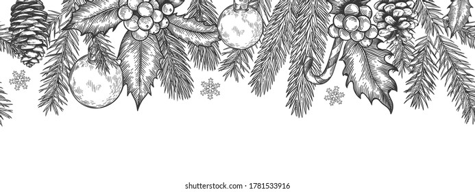 Xmas seamless green border. Horizontal banner with christmas tree branches garland, holly berries and toys, element for festive vector card. Engraved spruce twigs with candy cane and snowflake