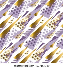 Xmas seamless modern pattern. Vector seamless geometric motif with striped triangles in gold, pink, white colors. Funky background with lines in 1990s fashion style. Tech textile print.