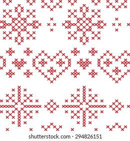 Xmas seamless Nordic  pattern with stars snowflakes hearts
