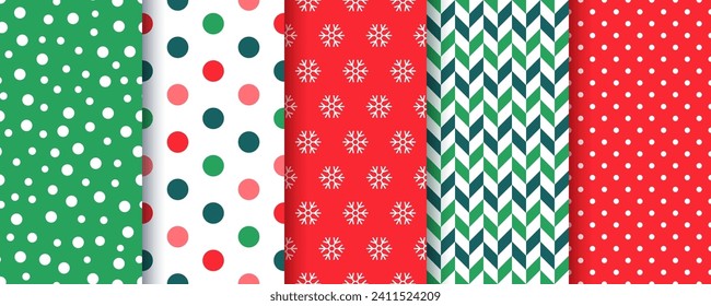 Xmas seamless pattern. Backgrounds with circles, snowflake, herringbone and polka dots. Christmas, New year prints. Set holiday red green textures. Festive wrapping paper. Vector illustration. 