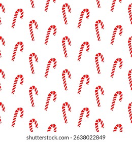 Xmas seamless pattern with candy cane. Hand drawn striped candy cane isolated on white background. Christmas and New Year festive candy cane wrapping, holiday decoration with candy, sweet caramel