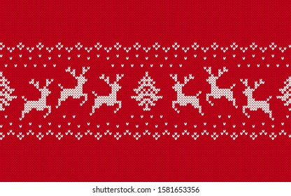 Xmas seamless pattern. Christmas knit texture with deers, tree. Vector. Knitted red sweater background. Holiday fair traditional ornament. Festive winter print. Wool pullover illustration.