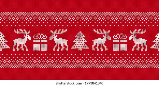 Xmas seamless pattern. Christmas knit texture with deers, tree and gift box. Knitted sweater background. Holiday fair isle traditional ornament. Festive red border. Winter print. Vector illustration