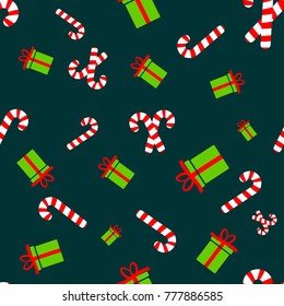 Xmas seamless pattern, Christmas presents and candy canes, flat design template, vector illustration 