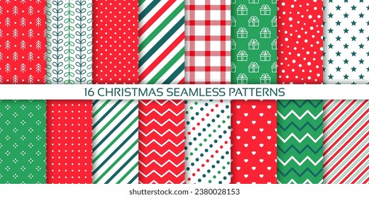 Xmas seamless pattern. Christmas print. Backgrounds with tree, candy cane stripe, polka dot, zigzag and star. Set New year textures. Red green backdrops. Festive wrapping paper. Vector illustration.