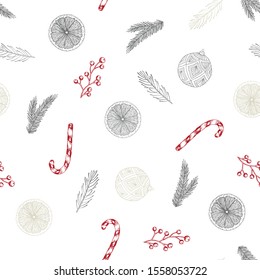 Xmas Seamless pattern with Christmas Tree Decorations, Pine Branches hand drawn art design vector illustration.