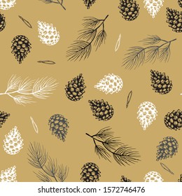 Xmas Seamless pattern with Christmas Tree Decorations, Pine Branches hand drawn art design vector illustration.