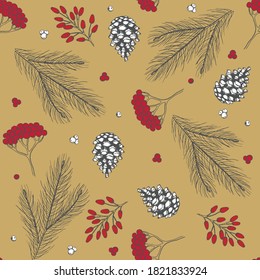 Xmas Patrón Seamless con Decoraciones de Árboles de Navidad, Pine Branches dibujo a mano diseño gráfico ilustración vectorial.