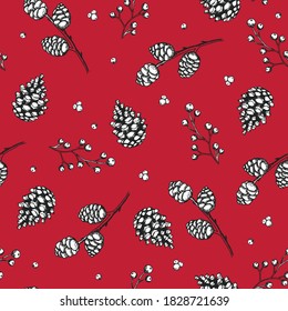 Xmas Seamless pattern with Christmas Tree Decorations, Pine Branches hand drawn art design vector illustration.