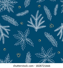 Xmas Seamless pattern with Christmas Tree Decorations, Pine Branches hand drawn art design vector illustration.