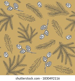 Xmas Seamless pattern with Christmas Tree Decorations, Pine Branches hand drawn art design vector illustration.
