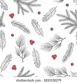 Xmas Seamless pattern with Christmas Tree Decorations, Pine Branches hand drawn art design vector illustration.