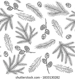 Xmas Seamless pattern with Christmas Tree Decorations, Pine Branches hand drawn art design vector illustration.