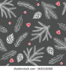 Xmas Seamless pattern with Christmas Tree Decorations, Pine Branches hand drawn art design vector illustration.