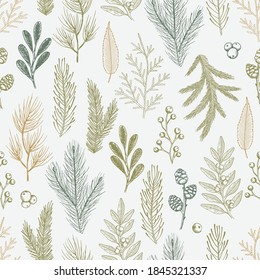 Xmas Seamless pattern with Christmas Tree Decorations, Pine Branches hand drawn art design vector illustration.
