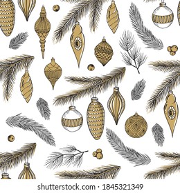 Xmas Seamless pattern with Christmas Tree Decorations, Pine Branches hand drawn art design vector illustration.