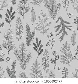 Xmas Patrón Seamless con Decoraciones de Árboles de Navidad, Pine Branches dibujo a mano diseño gráfico ilustración vectorial.