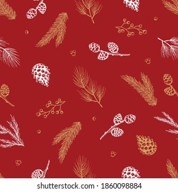 Xmas Seamless pattern with Christmas Tree Decorations, Pine Branches hand drawn art design vector illustration.