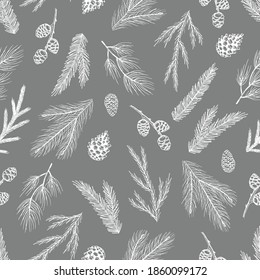 Xmas Seamless pattern with Christmas Tree Decorations, Pine Branches hand drawn art design vector illustration.