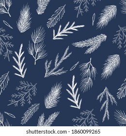 Xmas Seamless pattern with Christmas Tree Decorations, Pine Branches hand drawn art design vector illustration.