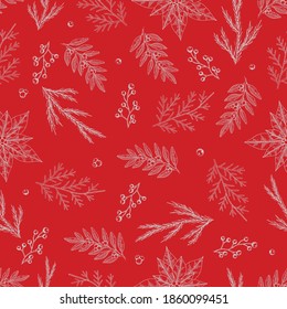 Xmas Seamless pattern with Christmas Tree Decorations, Pine Branches hand drawn art design vector illustration.