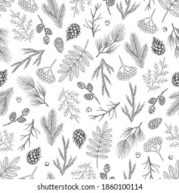 Xmas Seamless pattern with Christmas Tree Decorations, Pine Branches hand drawn art design vector illustration.