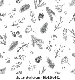 Xmas Seamless pattern with Christmas Tree Decorations, Pine Branches hand drawn art design vector illustration.