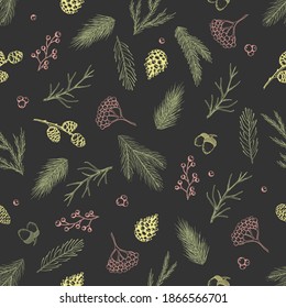 Xmas Seamless pattern with Christmas Tree Decorations, Pine Branches hand drawn art design vector illustration.