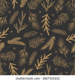 Xmas Seamless pattern with Christmas Tree Decorations, Pine Branches hand drawn art design vector illustration.