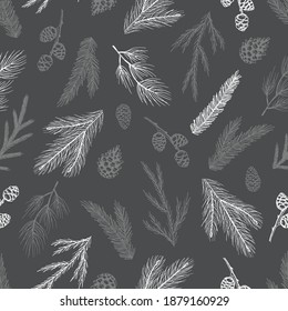 Xmas Patrón Seamless con Decoraciones de Árboles de Navidad, Pine Branches dibujo a mano diseño gráfico ilustración vectorial.