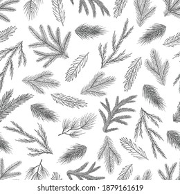 Xmas Seamless pattern with Christmas Tree Decorations, Pine Branches hand drawn art design vector illustration.