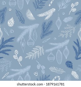 Xmas Seamless pattern with Christmas Tree Decorations, Pine Branches hand drawn art design vector illustration.