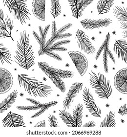Xmas Seamless pattern with Christmas Tree Decorations, Pine Branches hand drawn art design vector illustration.
