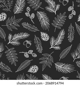 Xmas Seamless pattern with Christmas Tree Decorations, Pine Branches hand drawn art design vector illustration.