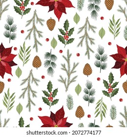 Xmas Seamless pattern with Christmas Tree Decorations, Pine Branches hand drawn art design vector illustration.