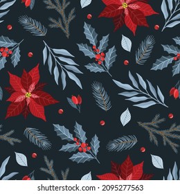 Xmas Seamless pattern with Christmas Tree Decorations, Pine Branches hand drawn art design vector illustration.