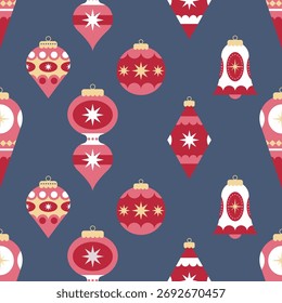 Xmas Seamless Pattern with Christmas tree decorations of different shapes on blue background. Vintage holiday ornament. Flat Vector Illustration.