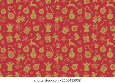 Nahtloses Weihnachtsmuster mit goldenen Ornamenten. Luxuriöse Weihnachtsverpackung. Vektor golden Frohe Weihnachten Icons. Goldene Schneeflocken Hintergrund. Luxus Vektor Weihnachtsmuster, Winterurlaub Textur.