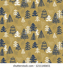 Xmas seamless pattern. Hand-drawn decorative Christmas trees. Minimal sketch vector for winter holiday surface design projects. 
