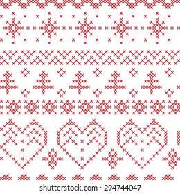 Xmas seamless  pattern inspired by nordic stitching  cross patterns in white and red 
