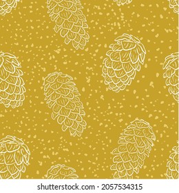 Xmas seamless pattern with pinecones and snow texture. Traditional doodle fabric pattern, New year wrapping paper. Winter gold color pattern with cones. Grunge vector illustration.