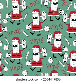Xmas seamless pattern - Santa Claus in face mask, with toilet papers, and vaccine. Good for wrapping paper, textile print, wall paper, poster, card or decoration.