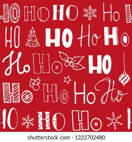 Xmas seamless pattern with text ho ho ho with red background. Hand lettering greeting Christmas Santa laugh