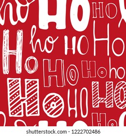 Xmas seamless pattern with text ho ho ho with red background. Hand lettering greeting Christmas Santa laugh