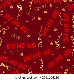 Xmas seamless pattern with text ho ho ho with red background. Hand lettering greeting Christmas Santa laugh Hohoho pattern, Vector background with handwritten words ho.