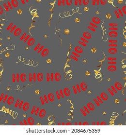 Xmas seamless pattern with text ho ho ho with red background. Hand lettering greeting Christmas Santa laugh Hohoho pattern, Vector background with handwritten words ho.